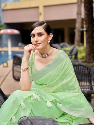 Green Pure Linen Saree With Blouse Piece