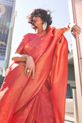 Orange Banarasi Silk Saree With Blouse Piece