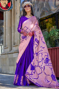 Blue & Pink Satin Silk Saree With Blouse Piece