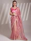 Pink Twill Net Solid Saree With Blouse Piece