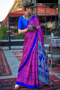 Pink & Blue Satin Silk Saree With Blouse Piece