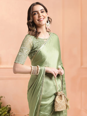 Sea Green Chiffon Ready To Wear Saree With Blouse Piece