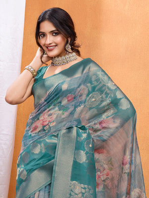 Teal Cotton Blend Saree With Blouse Piece