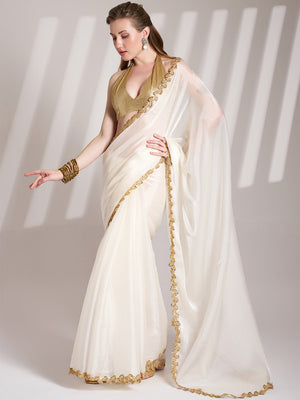 Off White Organza Solid Saree With Blouse Piece