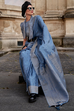 Blue Banarasi Silk Saree With Blouse Piece