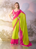 Green And Pink Chiffon Colorblocked Saree With Blouse Piece