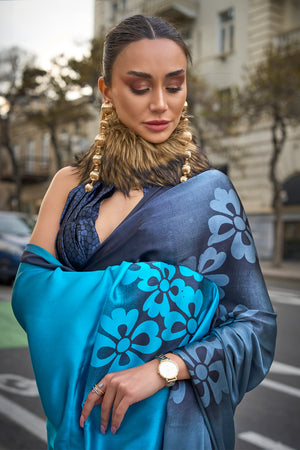 Black & Blue Satin Silk Saree With Blouse Piece