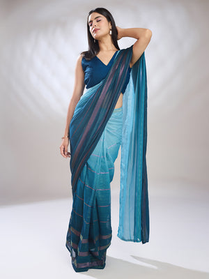 Blue Silk Blend Ready To Wear Saree With Blouse Piece