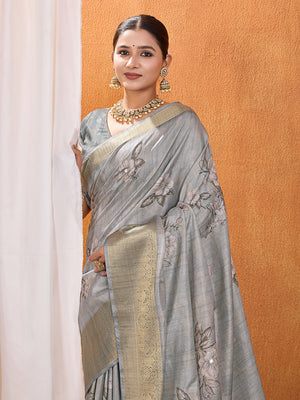 Grey Silk Blend Saree With Blouse Piece