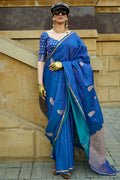 Blue Banarasi Silk Saree With Blouse Piece