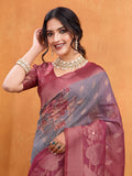 Maroon Cotton Blend Saree With Blouse Piece