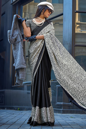 Black & White Satin Silk Saree With Blouse Piece