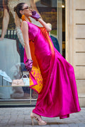 Pink Satin Silk Saree With Blouse Piece