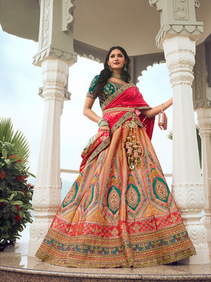 Multicolor & Green Banarasi Silk Lehenga Choli