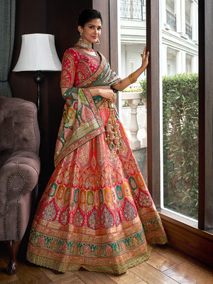 Multicolor & Pink Banarasi Silk Semi Stitched Lehenga