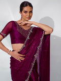 Burgundy Organza Party Wear Saree With Blouse Piece