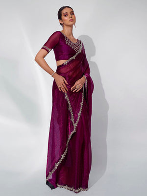 Burgundy Organza Party Wear Saree With Blouse Piece