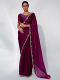 Burgundy Organza Party Wear Saree With Blouse Piece