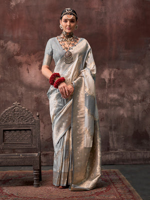 Grey Festive Wear Silk Saree With Blouse Piece