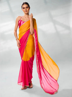 Pink & Yellow Pure Chiffon Party Wear Saree With Blouse Piece