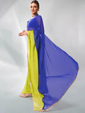 Navy Blue & Fluroscent Green Pure Chiffon Party Wear Saree With Blouse Piece