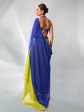 Navy Blue & Fluroscent Green Pure Chiffon Party Wear Saree With Blouse Piece