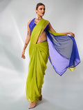 Navy Blue & Fluroscent Green Pure Chiffon Party Wear Saree With Blouse Piece