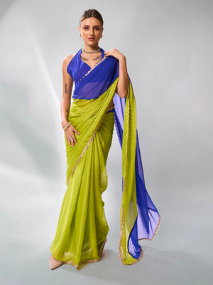 Navy Blue & Fluroscent Green Pure Chiffon Party Wear Saree With Blouse Piece