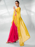 Pink & Yellow Pure Chiffon Party Wear Saree With Blouse Piece