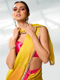 Pink & Yellow Pure Chiffon Party Wear Saree With Blouse Piece