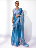 Turquoise Blue Organza Party Wear Saree With Blouse Piece