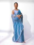 Turquoise Blue Organza Party Wear Saree With Blouse Piece