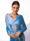 Turquoise Blue Organza Party Wear Saree With Blouse Piece