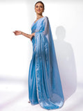 Turquoise Blue Organza Party Wear Saree With Blouse Piece