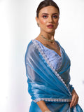 Turquoise Blue Organza Party Wear Saree With Blouse Piece