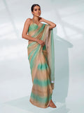 Gold And Green Organza Party Wear Saree With Blouse Piece