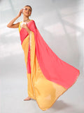 Peach & Yellow Satin Party Wear Saree With Blouse Piece