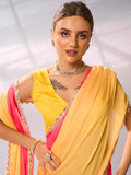 Peach & Yellow Satin Party Wear Saree With Blouse Piece