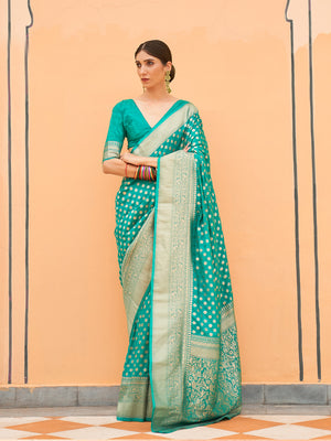 Teal Nylon Saree With Blouse Piece