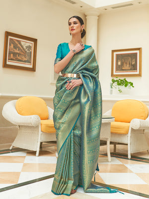 Teal Sequins Saree With Blouse Piece