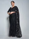 Black Soft Net Party Wear Saree With Blouse Piece