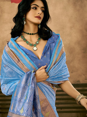 Sky Blue Patola Silk Saree With Blouse Piece