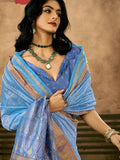 Sky Blue Patola Silk Saree With Blouse Piece