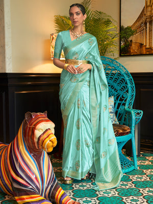 Cyan Satin Saree With Blouse Piece