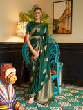 Green Satin Saree With Blouse Piece