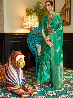 Green Satin Saree With Blouse Piece