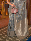 Grey Tussar Silk Saree With Blouse Piece