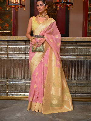 Pink Linen Silk Saree With Blouse Piece