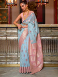 Blue Linen Silk Saree With Blouse Piece