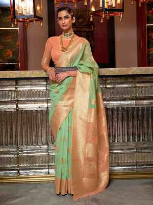 Green Linen Silk Saree With Blouse Piece